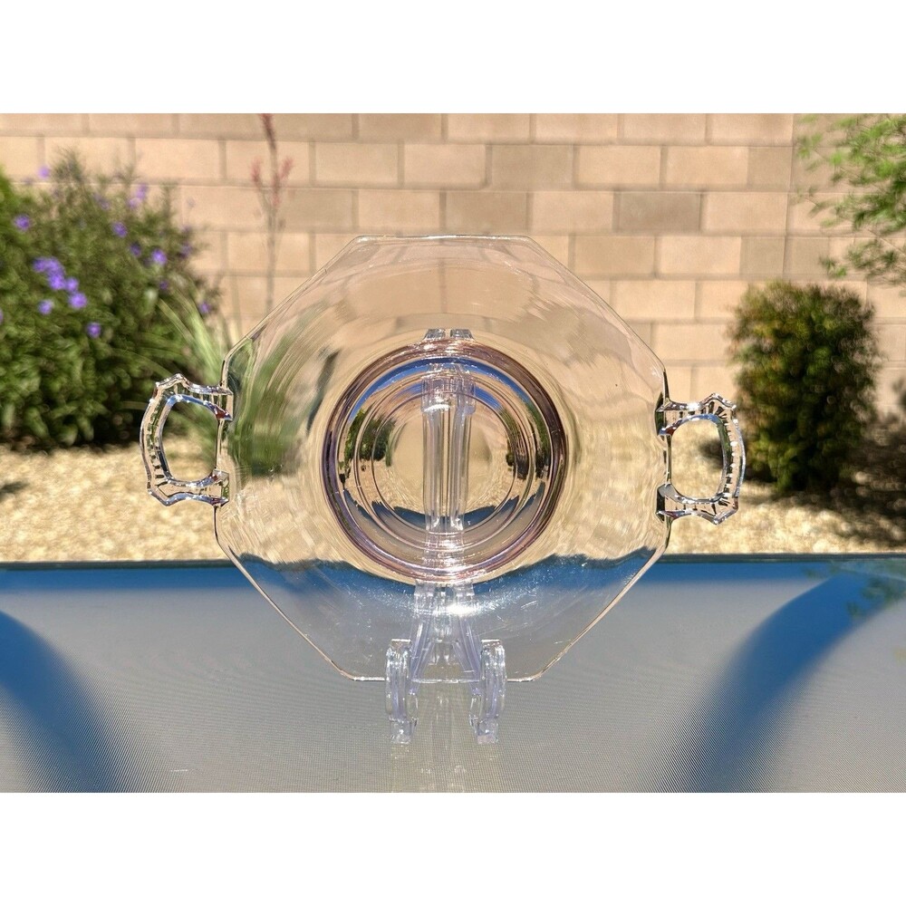Vintage Octagonal Pink Depression Era Glass Double Handle Cake/Serving Plate